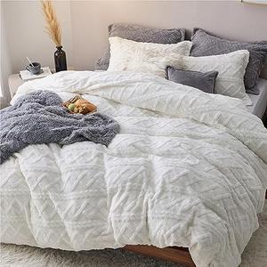 Bedsure Fluffy Flannel Duvet Cover Set - Faux Fur Comforter Cover Queen Size, White Warm Plush Bedding for Winter, 3-Piece Set with Zipper Closure (90"x90") and 2 Pillow Shams