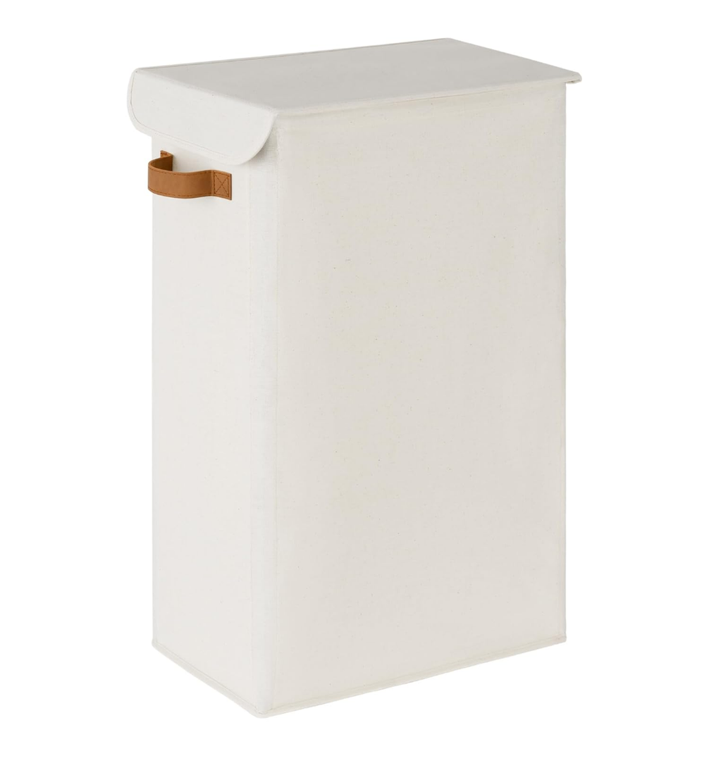 StorageWorks 65.5L Laundry Hamper with Lid, Tall and Slim Clothes Hampers with Handles, Foldable Narrow Basket for Dirty Clothing, Blankets, Towels, White, 1-Pack
