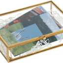 HighFree Gold Glass Photo Box - Vintage Photo Storage Organizer - Keepsake Display Box - Clear Jewelry Glass Box - Home Decor Box for Trinket Rings Bracelet (Medium)