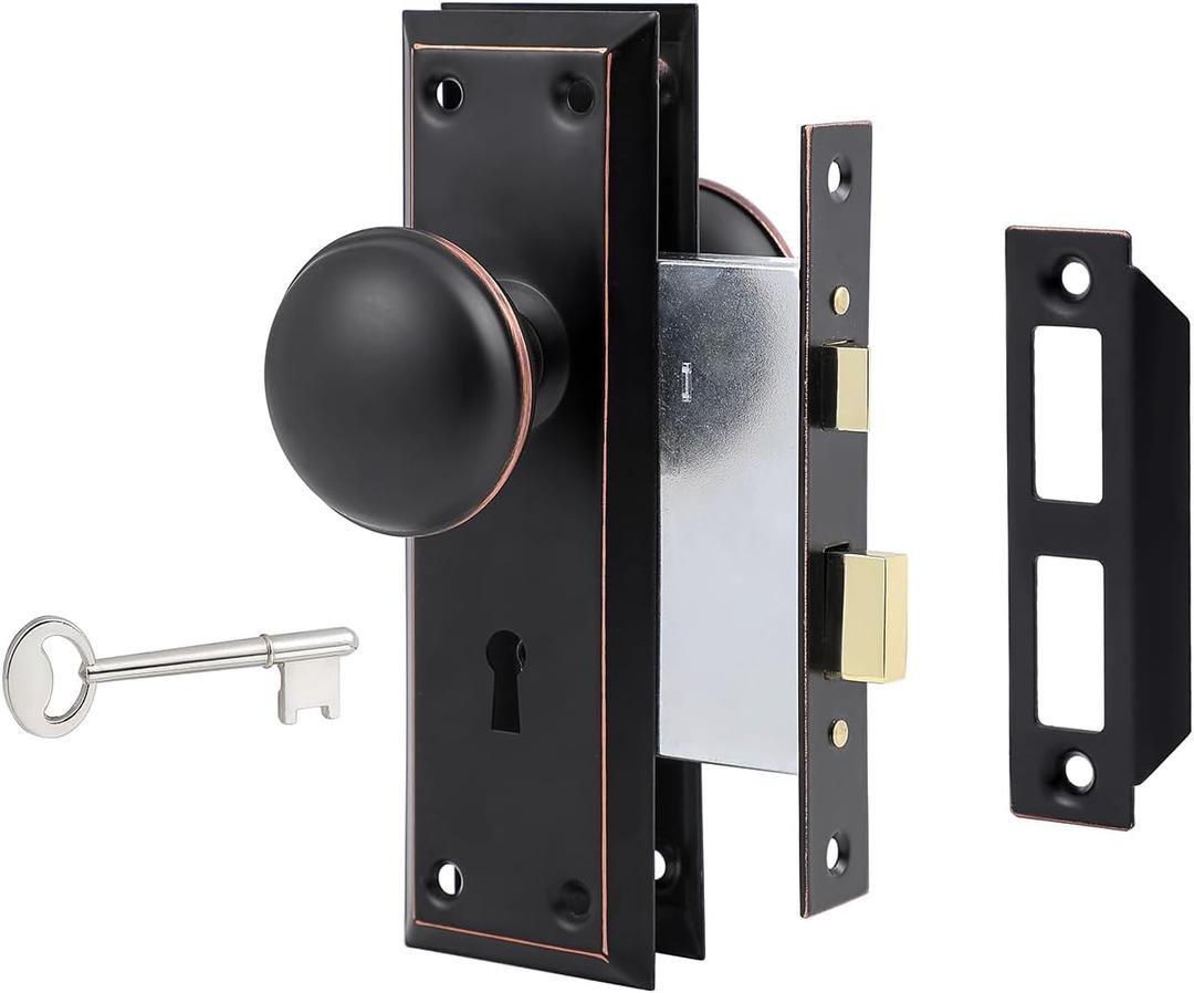 Mortise Lock Set for Interior Door, Vintage Door Knobs with Lock and Skeleton Key, Antique Door Knobs Oil Rubbed Bronze Finish