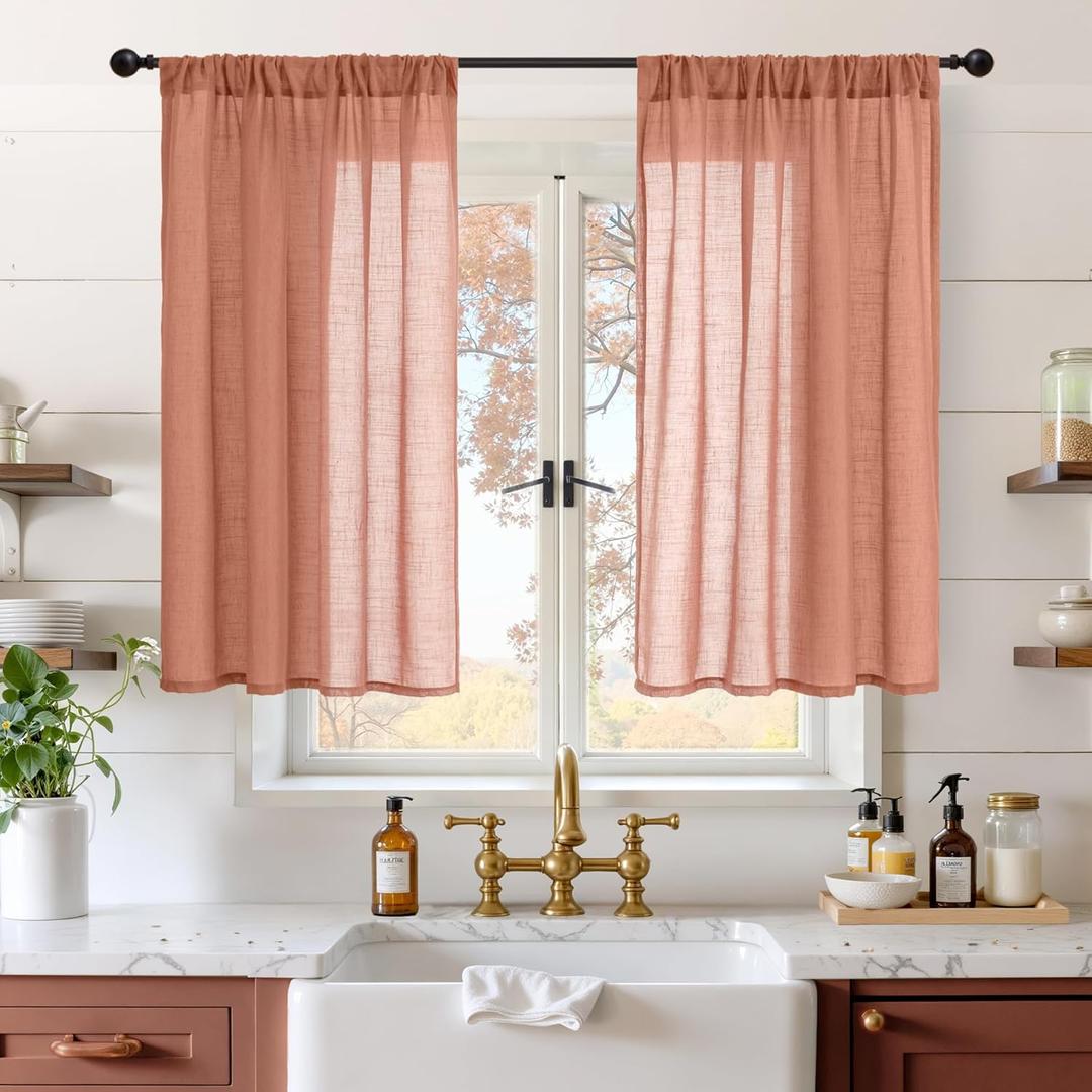 BGment Rust Terracotta Linen Kitchen Window Curtains 40 Inch Length, Short Burnt Orange Drapes Semi Sheer for Cafe Over Sink Bathroom Decor with Rod Pocket Lightweight, 2 Panels Set, Each 42 Inch Wide