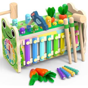 6-IN-1 Wooden Montessori Toys for 1 Year Old, Mole-Tapping Game | Play the Xylophone | Frog Clock | Carrot Harvest Game | Spinning Gear, Toddler Toys Aged 1-4, Baby Toy Gift for Early Learning (Green)
