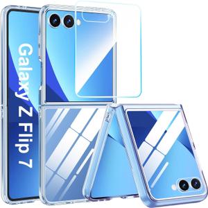 for Samsung Galaxy Z Flip 7 Case with Screen Protector,Galaxy Z Flip 7 Case Support Wireless Charging, Protective Cover for Galaxy ZFlip7 Phone Cases, PC Crystal Ultra Slim Clear
