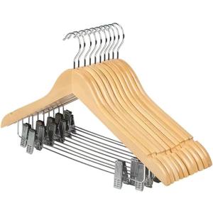 10 Pack Wooden Hangers with Clips High-Grade Wooden Suit Hangers Skirt Hangers with Clips S Wood Hanger with Durable Metal Clips for Blouse, Dress, Coat, Jacket (Natural)