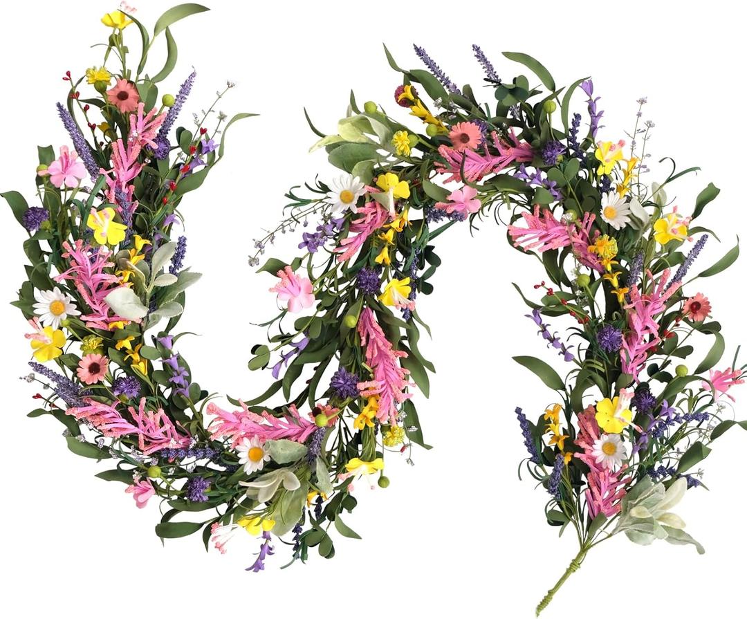 Bibelot70inch Spring/Summer Garland with Flowers, Artificial Fake Flower Greenery Garland with Daisies, Lavender for Baby Shower Wedding Mantle Party Table Centerpiece All Season Decor