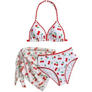 Verdusa Girl's 3 Piece Bikini Sets Cherry Halter Cute Swimsuits with Cover Up Skirt White 8 Years