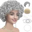 Cupohus Old Lady Costume Set Grandma Wig 100 Days of School Costume Madea Granny Glasses Eyeglass Chains Cords Faux Pearl Bead Necklace Old Lady Cosplay Set 5 Pieces (silver white afro)