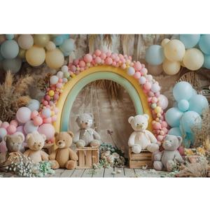 YongFoto Balloons Arch Backdrop 7x5ft Bear Pampas Flowers Photography Background Baby Shower Sweet Girl Half 1st First One Two Year Old Birthday Party Banner Portraits Photoshoot Wallpaper Props