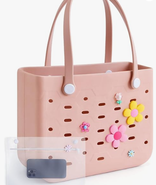 BAGSMART Beach Bag for Women, Water-resistant Rubber Tote Bag, Sandproof Vacation Essentials for Summer Swim Cruise Pool,  Pins are not Included (Medium, Pink)