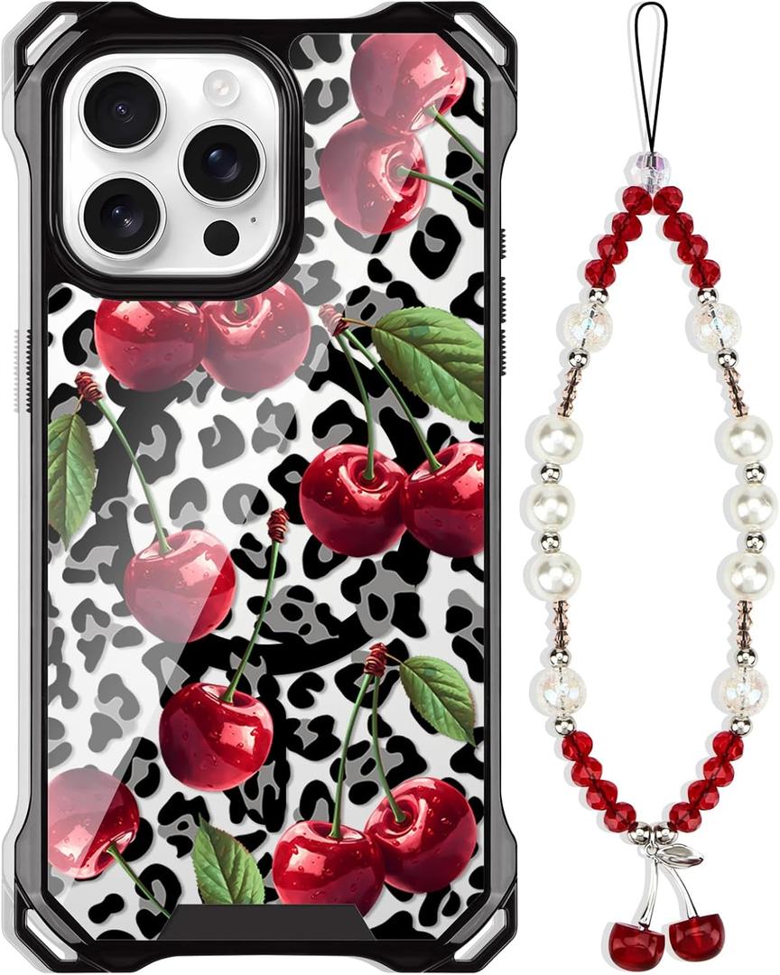 for iPhone 12 Pro Max Cheetah Print Cherry Case with Chain Strap [Compatible with MagSafe] Magnetic Clear Four Corners Shockproof Leopard Cherries Cover for Girls Women iPhone 12 Pro Max