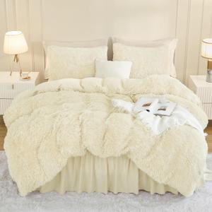 Andency Faux Fur Beige Comforter Set King Size, 3 Pieces Fluffy Fuzzy Plush Bedding Comforter Set (1 Shaggy Velvet Comforter & 2 Pillowcases), Soft Puffy Comfy Down Alternative Comforter Bedding Set