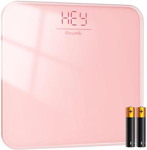 Ovutek Bathroom Scale for Body Weight, Highly Accurate Digital Weighing Machine for People, Upgraded Batteries Included, Compact Size, LED Display, High Standards Sturdy Tempered Glass, 400lb, Pink