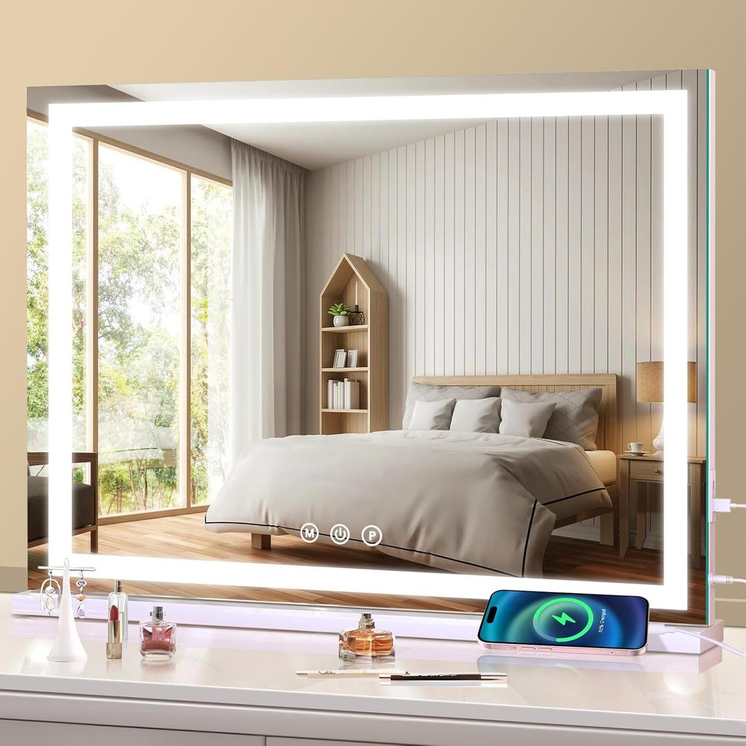 Large Lighted Vanity Mirror, 23" x 19" Light Up Make up Mirror with Smart Touch 3 Colors Dimmable, Tabletop or Wall-Mounted, Memory Function (White)
