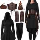 SOMSOC Women Renaissance Halloween Fairy Costumes Medieval Hooded Robe Lace Up Dress Accessories Set Cosplay (Small, Black)