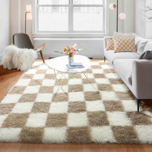 KICMOR Rugs for Living Room, 5x8 Fluffy Soft Beige and Cream White Checkered Shag Area Rug Large Fuzzy Shaggy Bedroom Carpet, Plush Rug for Kids Boys Girls Teen Dorm Nursery Home Decor Aesthetic