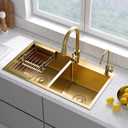 Gold Double Bowl Kitchen Sink, 31.5" 17.7" Stainless Steel Nano-Coated, Double Basin Sink, Drop-In Undermount, With Gold Sink Stopper Drain Strainer