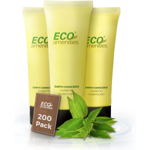 ECO amenities Travel Size Shampoo Bulk - 200 PACK, 30mL, 1 oz Hotel Shampoo Supplies for Guests - Green Tea Scent Eco Shampoo, Mini Shampoo with Flip Cap and Biodegradable Clear Container