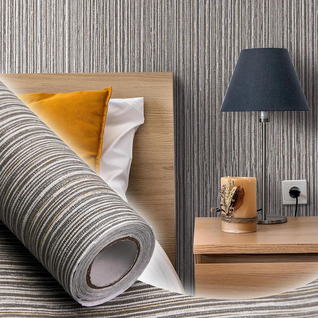WADILE Grasscloth Wallpaper Peel and Stick Linen Stripes Wall Paper, 15.7 in x 196.8 in Fabric Contact Paper, Thick Vinyl Embossed Wallpaper (Light Gray) (15.7" x 196.8", Gray)