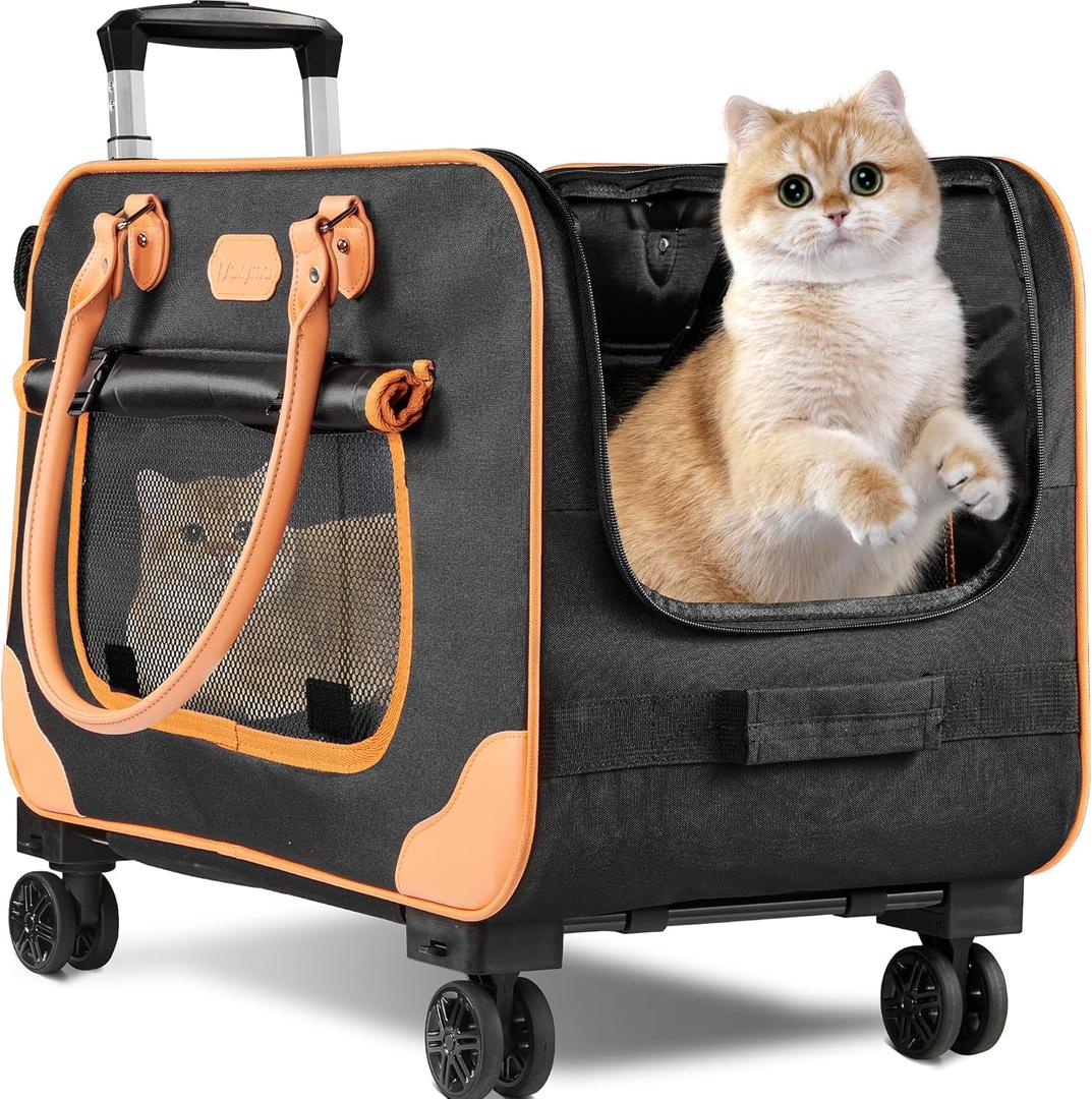 Large Cat Carrier with Wheels, Rolling Cat Carrier, 24"x 13.8"x 15.4" Pet Carrier with Wheels for Large Cats Small Dogs up to 38 LBS, Ideal for Travel, Walking and Camping(NOT for TSA) (Black)