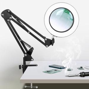 KIRKAS 10X LED Magnifying Lamp with Clamp, Real Glass Lens, 3 Color Modes and Stepless Dimmable Magnifier Desk Lamp, Adjustable Swivel Arm Lighted Magnifying Glass for Repair Craft Close Work-Black