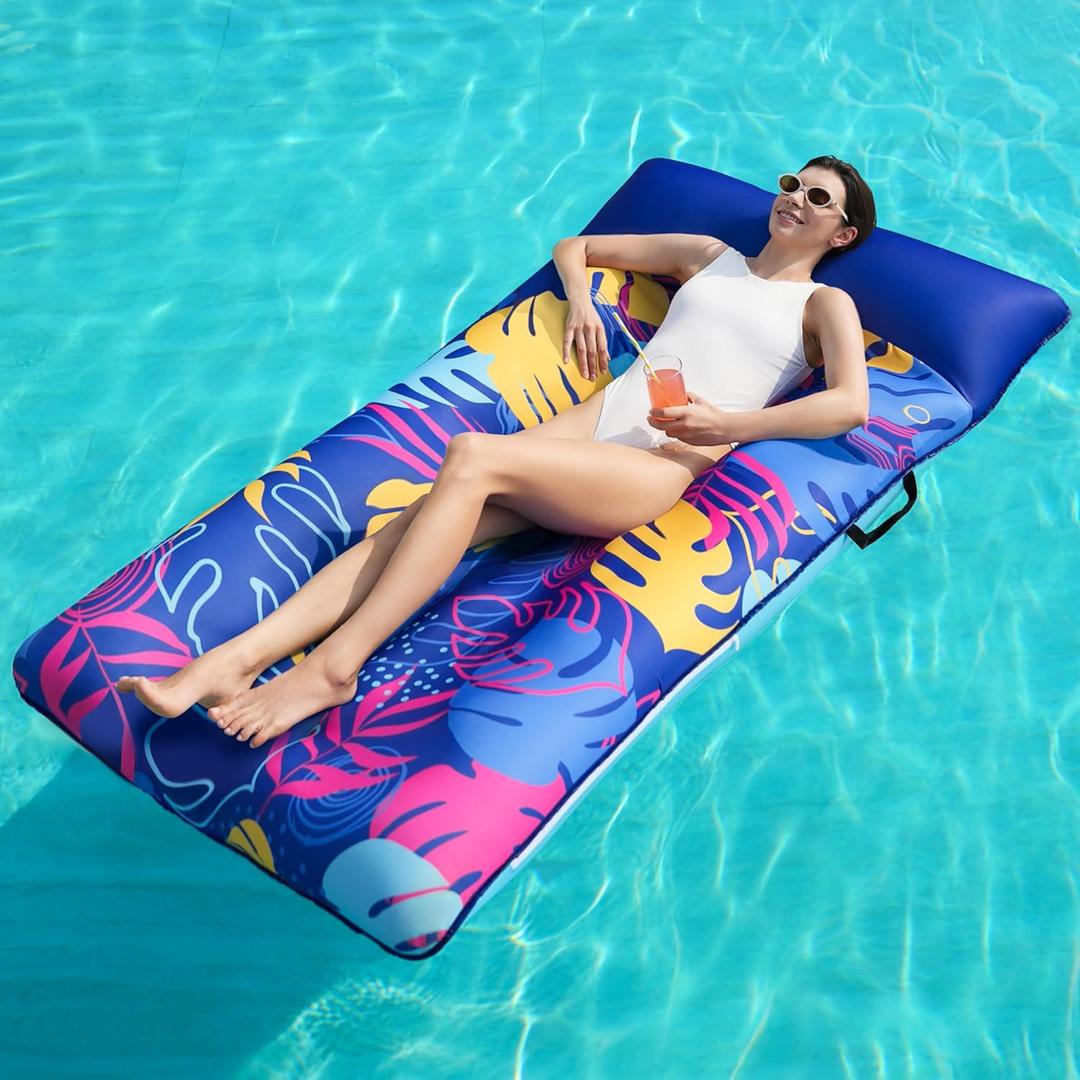 SLOOSH Inflatable Pool Floats Lounger - XL Fabric Covered Pool Mat Floaties for Adults, Ultra Comfort Water Floating Lounger with Headrest for Beach Lake Swimming Pool Float Raft 68"X34"