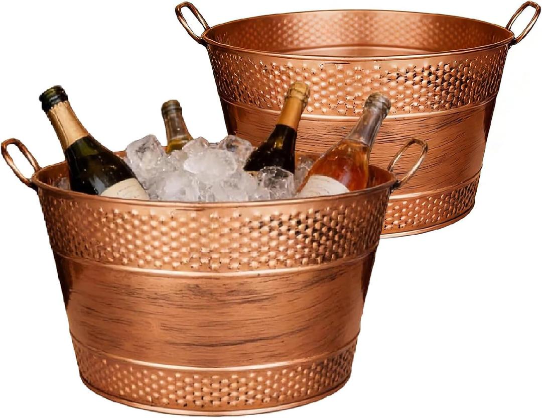 Beverage Tub Ice Bucket for Party, Thick Metal Galvanized Tub Drink Buckets, Beverage Bucket with Handles, Drink Bucket for Indoor & Outdoor Parties (2PCS Copper)