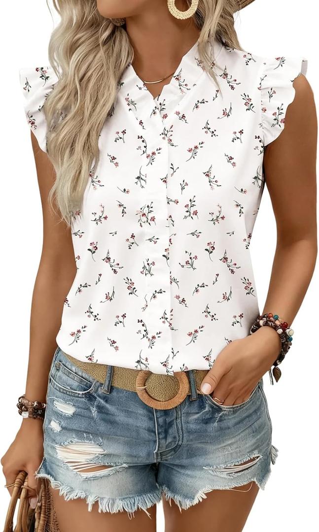 Astylish Womens 2026 Floral Chiffon Blouses V Neck Ruffle Sleeve Fitted Tops Boho Chic Tank Shirts Large
