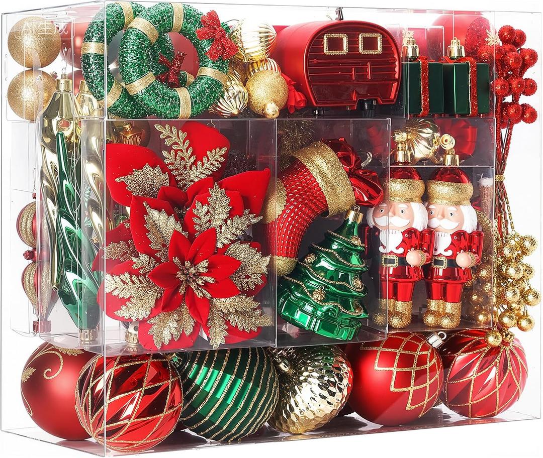 SHareconn 135pcs Christmas Balls Ornaments Set, Shatterproof Plastic Baubles, Ribbon and Tree Topper for Xmas Tree Holiday Wedding Party Decorations with Hanging Strings, Red, Green and Gold
