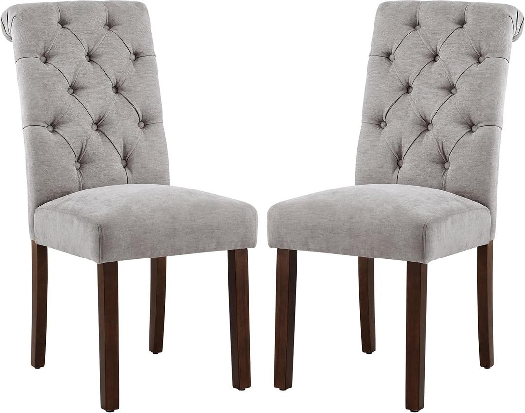 COLAMY Button Tufted Dining Chairs Set of 2, Parsons Upholstered Fabric Dining Room Chairs Kitchen Chairs with Wood Legs and Padded Seat, Light Grey