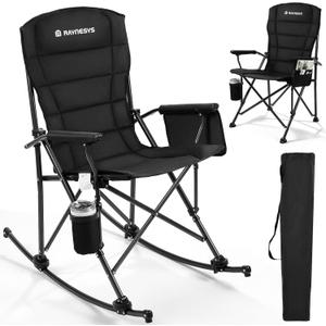 Folding Rocking Chair Supports 440 LBS, Outdoor Folding Chair, Rocking Camping Chairs with Cup Holder & Side Pocket, Padded Outdoor Chairs for Patio Lawn Garden Yard (Black)
