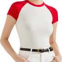 SUUKSESS Women Ribbed Striped Short Sleeve Slim Fit Tops Summer Crew Neck Color Block Going Out T Shirt (XL)