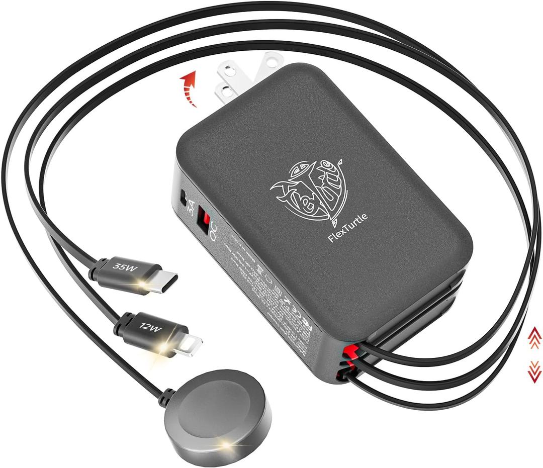 Retractable Apple Watch Charger, 5 in 1 Travel Charging Station for Apple Devices, Retractable Chargers for Multiple Devices with Multi Charging Cable, Charger Block for Apple Gear (Grey)