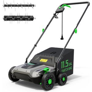 TIECTOWN 14-Inch 13.5 Amp 2-in-1 Electric Dethatcher and Scarifier with 11.5-Gallon Collection Bag, Lawn Dethatcher with 5-Position Depth Adjustment, Blade Replacement Without Tool - Green