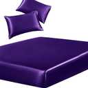 SiinvdaBZX 3-Piece Set Satin Queen Fitted Sheet & 2 Pillowcase, Purple Silky Soft Fitted Bottom Sheet, Wrinkle Free, Fade Resistant, Deep Pocket Bed Sheet (Deep Up to 15")