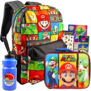 Super Mario Backpack and Lunch Box Set for Kids - Bundle with Mario Backpack, Mario Lunch Bag, Stickers, Water Bottle, More | Super Mario School Bag for Boys 4-6