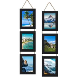 5x7 Collage Picture Frames Set of 2, Rustic Wooden Real Glass Vertical Hanging 3 Opening 5 by 7 Photo Frame, Black