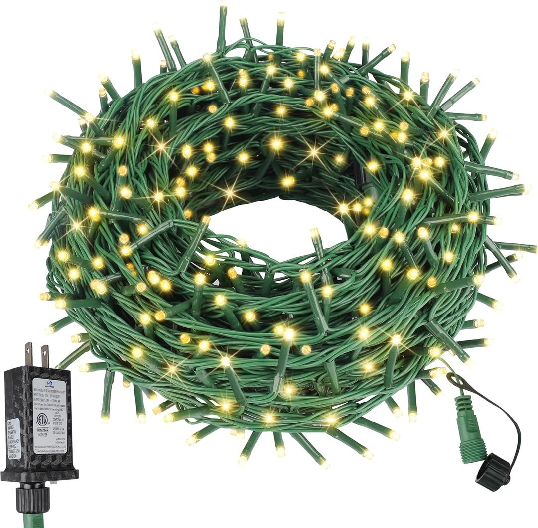99FT 300 LED Christmas String Lights End-to-End Plug 8 Modes Indoor Lights with Timer, Outdoor Indoor Fairy Lights Christmas Tree Patio Garden Holiday Warm White (Warm White Glass Green Wire)