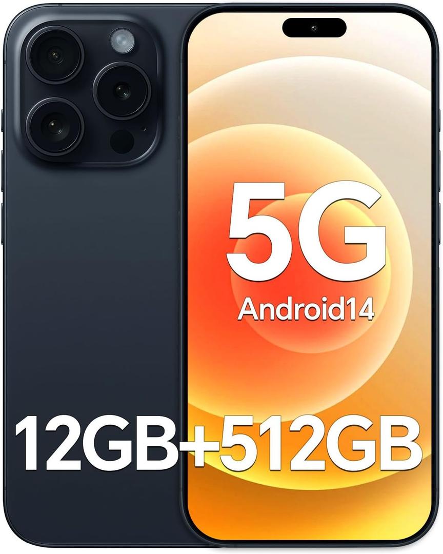 Unlocked Cell Phone H16 ProMax, 12+512GB Smartphone, Android 14 Unlocked Phone, 6800mAh Battery, 48+108MP Camera, Dual SIM, 6.7 HD Screen, Face ID/Fingerprint Lock/Bluetooth/GPS/WiFi/Blue