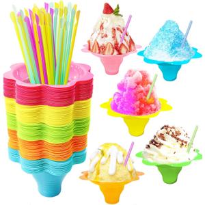 Szsrcywd 200Pcs 4oz Colorful Snow Cone Cups with Spoon Straws,Flower Shaped Ice Cream Snacks Cup Reusable Plastic Bowls Easy Grip for Kids Birthday Summer Holiday Party