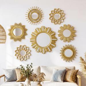 Gerrii 7 Pcs Gold Sunburst Mirror for Wall Decorative Gold Mirrors for Wall Decor Vintage Mirror Sets Hanging Round Decorative Mirrors Accessories for Art Entryway Living Room Home Decor Art Gifts