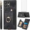 Asuwish Phone Case for Samsung Galaxy S23 Ultra 5G Wallet Cover with Screen Protector and Wrist Strap Lanyard RFID Credit Card Holder Ring Stand S23Ultra 23S S 23 23Ultra 6.8 inch Women Men Black