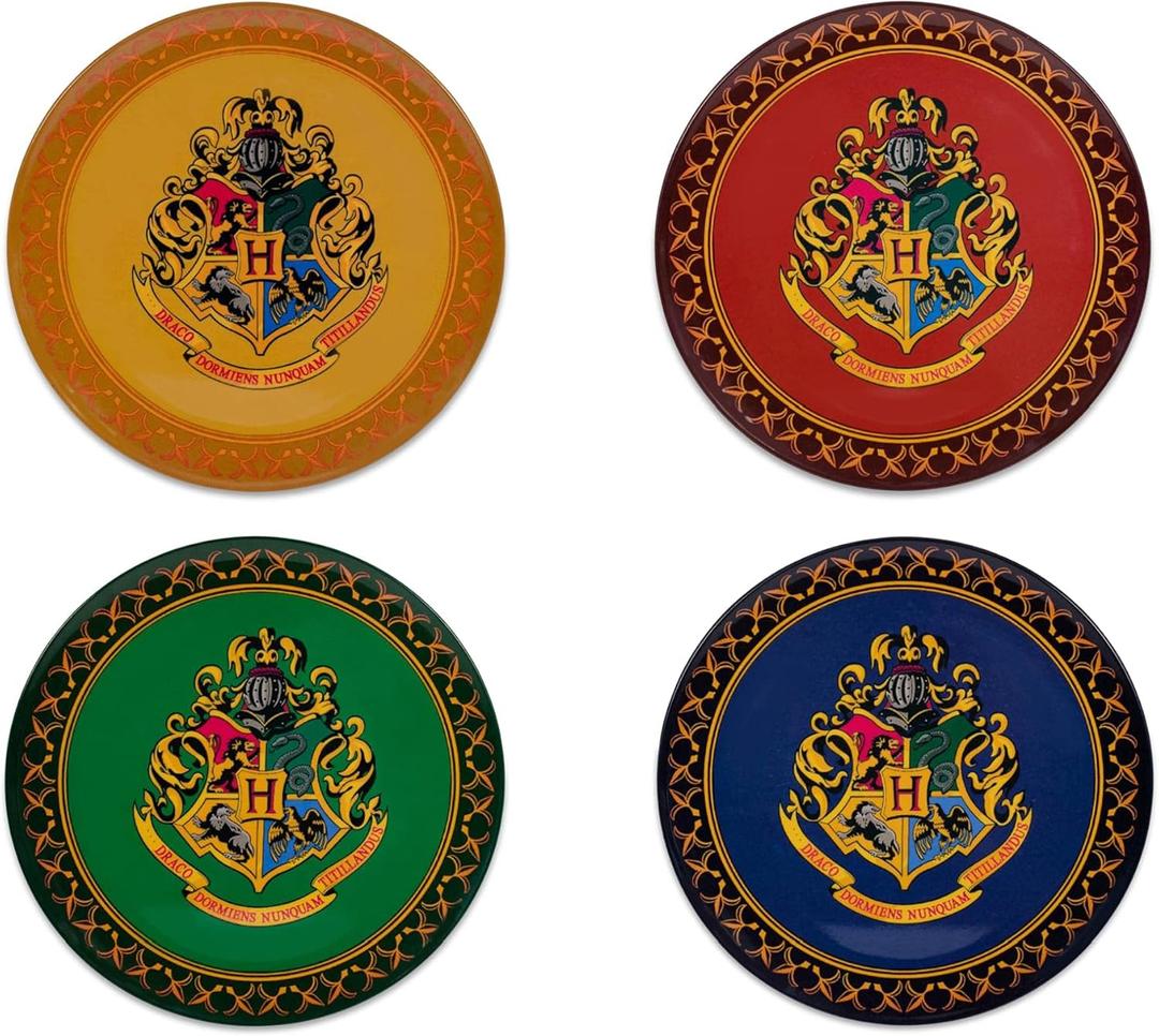 Silver Buffalo Harry Potter Hogwarts Crest Solid Diamond Pattern 4pc Melamine Plate Set, 10-Inches