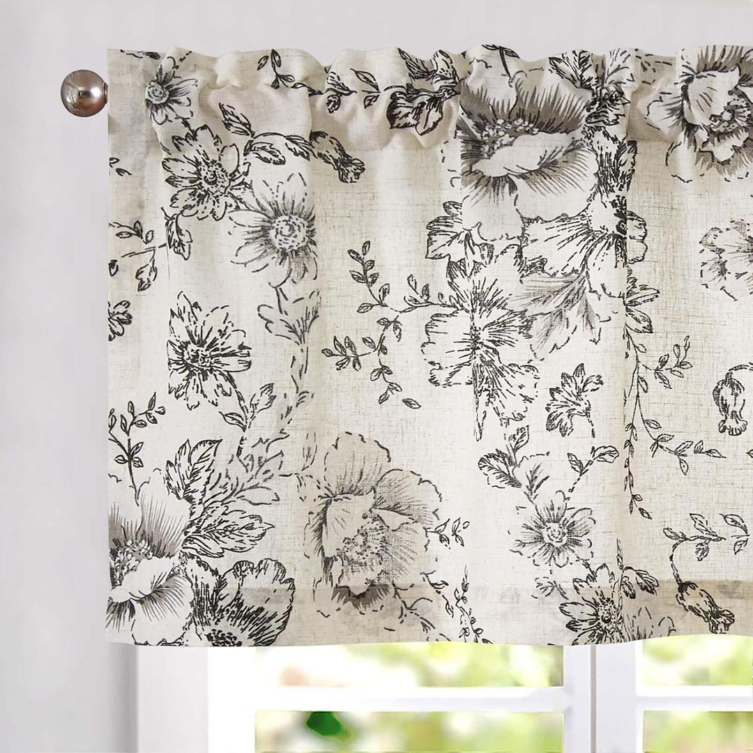 Vangao Linen Valance Curtain Farmhouse Black Floral Window Valance for Bedroom, 16 Inch French Country Flower Small Drapes for Kitchen Light Filtering Window Treatments Rod Pocket 1 Panel