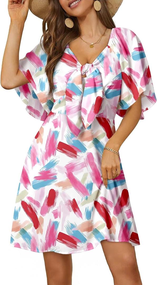 Dokotoo Womens Dresses 2026 Spring Summer Deep V Neck Elegant Cocktail Bow tie Mini Dress S-XL (Pink, L)