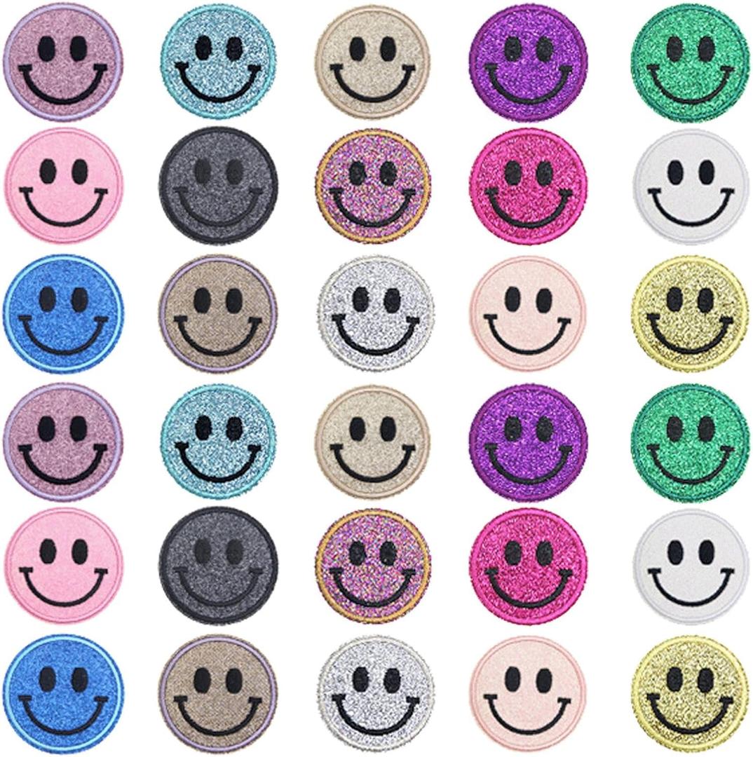 30 Pcs Sequin Round Smiley Face Chenille Patches Cute Iron-On Patches for a Diverse Range of Fabric Clothes DIY Projects