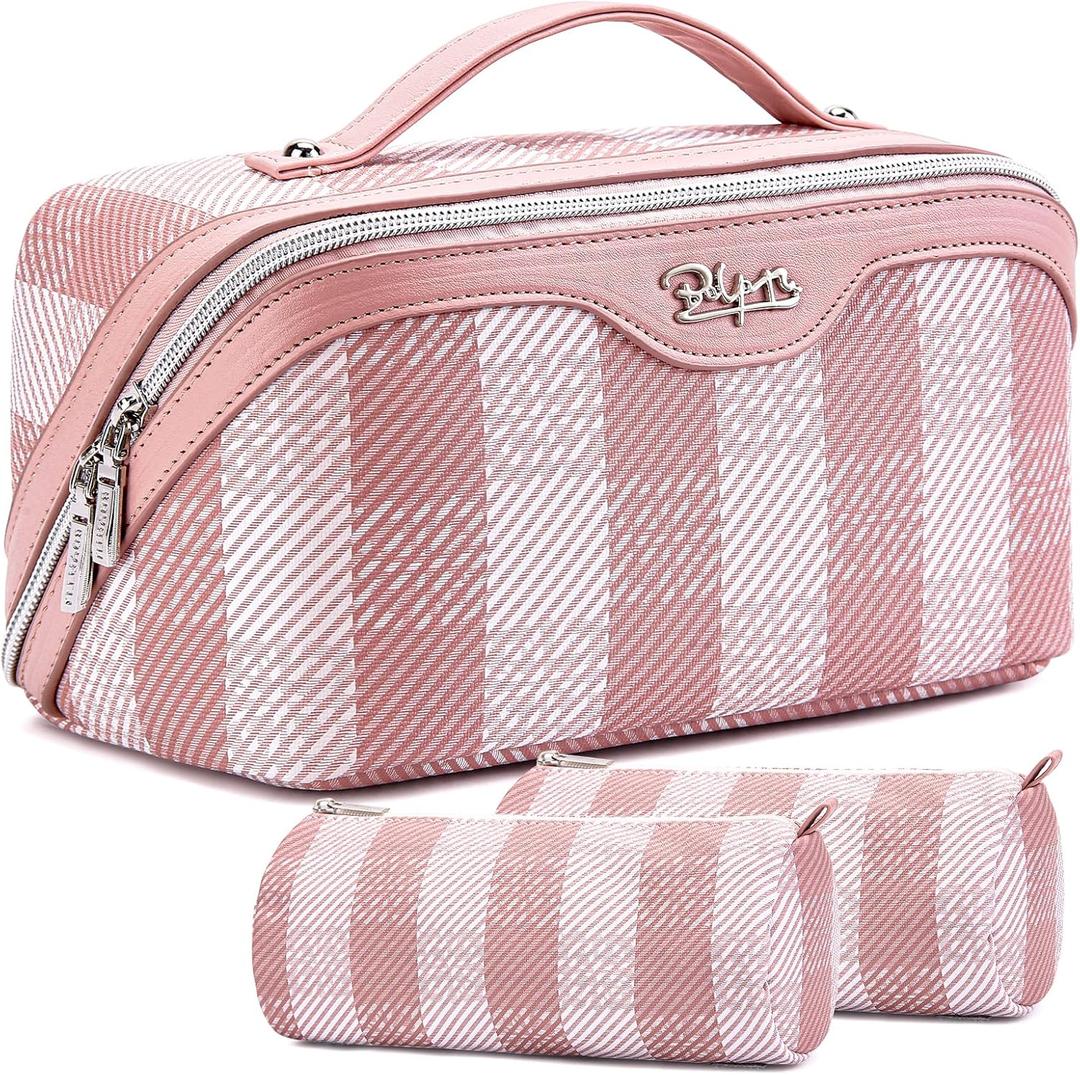 BOYATU Travel Makeup Bag Organizer Cosmetic Bag: 3 Pcs Set Make up Bags for Women with Handle - Waterproof Vegan Leather Toiletry Bags Travel Essentials Pouch with Compartments (F-03-Pink)