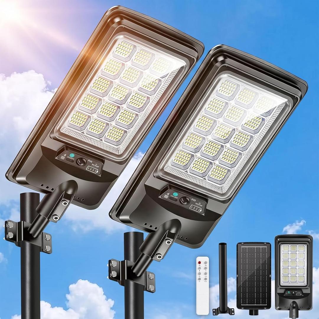18-inch Solar Street Light Outdoor, Dusk to Dawn Flood Light 2 Pack | 10000W, 330LED Motion Sensor Security, IP67 Waterproof, 360 Wide Angle, Commercial Grade for Yard Driveway Parking Lot, 8.5 x 2.84 x 17.8 inches