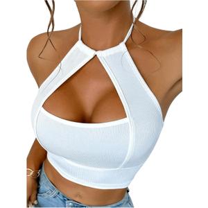 SOLY HUX Women's Tops Halter Sleeveless Backless Cut Out Slim Fit Crop Tank Top Pure White Medium