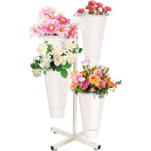 Flower Display Stand with Buckets, Metal Flower Bar Stand Rustic Farmhouse Florist Bouquet Holder Flower Cart Display Shelf for Outdoor Patio Garden Wedding Decor (Round)