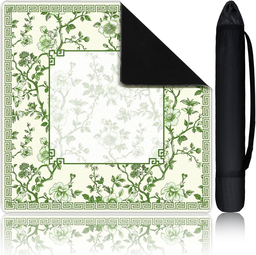 Chinoiserie Mahjong Mat with 1 Carrying Bag 31.5" x 31.5" Green and White Rubber Anti Slip and Noise Reduction Multi Purpose Game Table Cover for Mahjong, Card, Board Tile Games